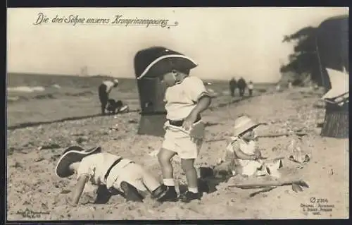 AK die drei Söhne von Kronprinz Wilhelm von Preussen spielen am Strand