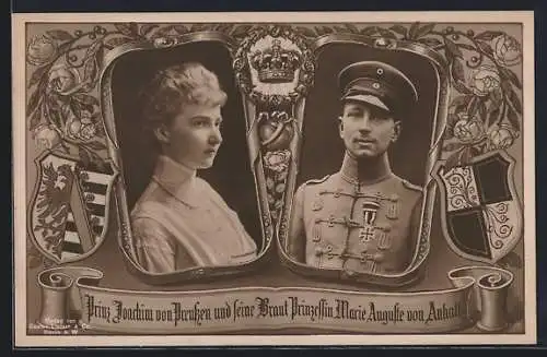 AK Prinz Joachim von Preussen und seine Braut Prinzessin Marie Auguste von Anhalt, Wappen, Krone