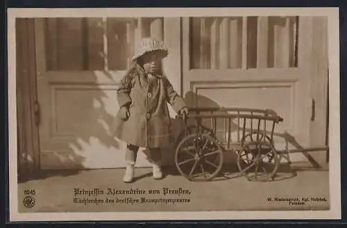 AK Prinzessin Alexandrine, Töchterchen des dt. Kronprinzenpaares, Portrait mit Bollerwagen