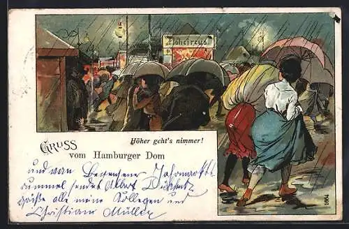 Lithographie Höher geht's nimmer!, Besucher mit Schirmen bei Regen auf einem Jahrmarkt