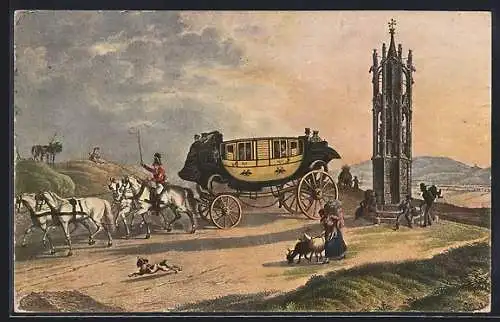 AK Wien, Postkutsche, Eilpost im 18 Jahrh., Postkutsche, Spinnerin am Kreuz, Triester Strasse