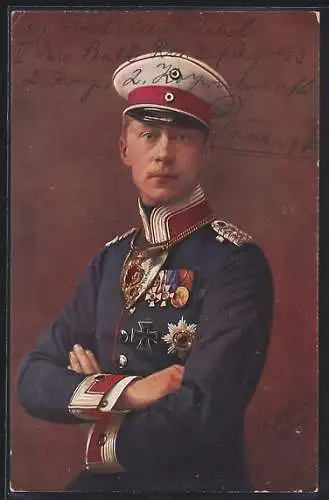 Künstler-AK Portrait Kronprinz Wilhelm in blauer Uniform mit Orden