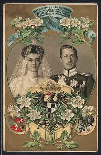 AK Kronprinz Wilhelm von Preussen mit Herzogin Cecilie v.Meklenburg-Schwerin, Erinnerung a.d.Vermählung 1905, Wappen