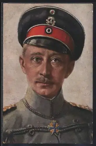 Künstler-AK Portrait Kronprinz Wilhelm von Preussen in Husarenuniform mit Schirmmütze