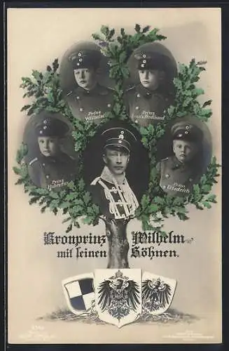 AK Kronprinz Wilhelm von Preussen mit seinen Söhnen Prinz Wilhlem, Prinz Louis Ferdinand und Prinz Friedrich im Baum