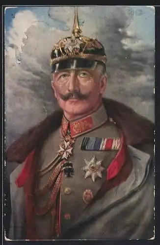 Künstler-AK Kaiser Wilhelm II. mit Uniform und verzierter Pickelhaube im Portrait