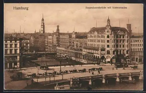 AK Hamburg, Reesendammbrücke mit Alsterarcaden, Strassenbahn