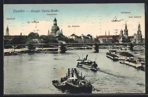 AK Dresden, Blick zur Carola Brücke, Frauen-Kirche, Kunstakademie, Schlossturm, Elbdampfer