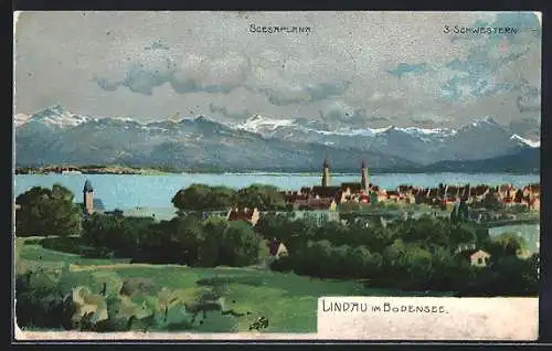 Künstler-AK Lindau im Bodensee, Ansicht mit Scesaplana und 3 Schwestern