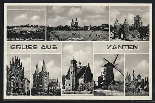 AK Xanten, Clever Tor, St. Viktor-Dom und Kriemhildmühle an der Stadtmauer