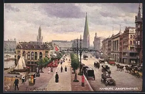 Künstler-AK Raphael Tuck & Sons Nr. 609: Hamburg-Neustadt, Jungfernstieg, Strassenbahn und Litfasssäule