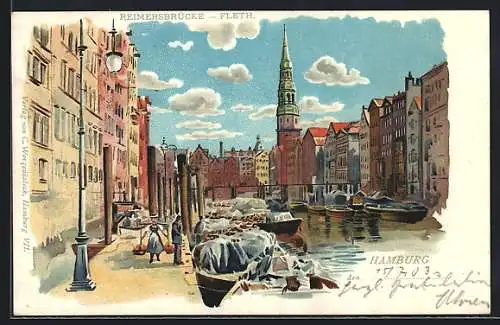 Lithographie Alt-Hamburg, Reimersbrücke Fleth