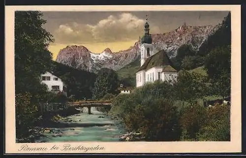 AK Ramsau bei Berchtesgaden, Ansicht mit Kirche und Bergen