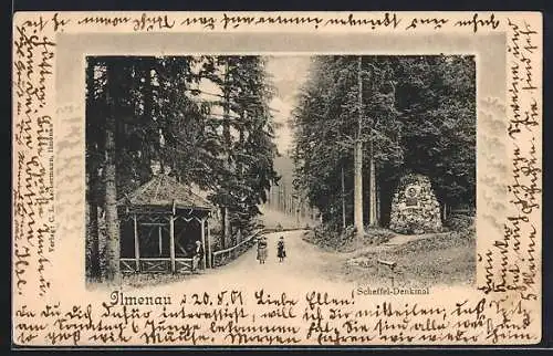 AK Ilmenau / Thüringen, Scheffel-Denkmal mit Pavillon und Strasse