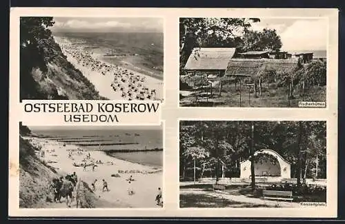 AK Koserow, Strandpanorama, Fischerhütten, Konzertplatz