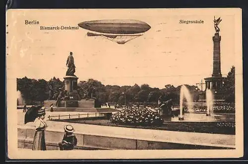 AK Berlin-Tiergarten, Zeppelin zwischen Bismarck-Denkmal und Siegessäule