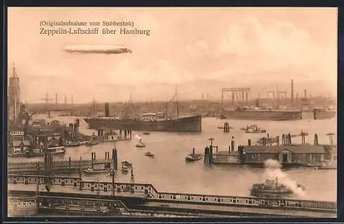 AK Hamburg, Zeppelin-Luftschiff über dem Hafen