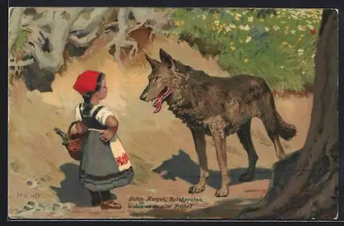 Künstler-AK P. Hey: Märchen, Rotkäppchen und der böse Wolf