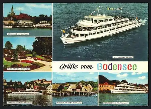 AK Motorschiff München auf dem Bodensee, Konstanz, Insel Mainau, Meersburg, Unteruhldingen, Überlingen