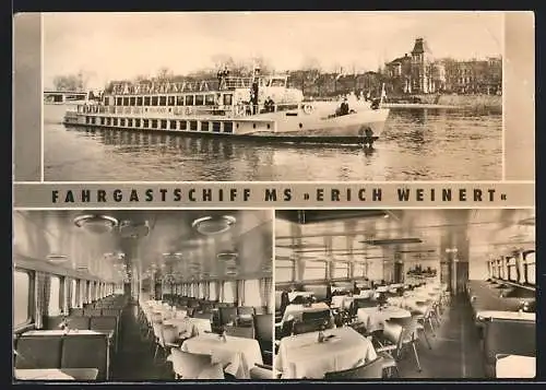 AK Elbe-Fahrgastschiff MS Erich Weinert, Aussen- u. Innenansichten