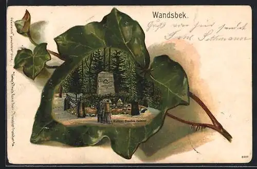 Passepartout-Lithographie Hamburg-Wandsbek, Matthias Claudius-Denkmal im Efeublatt