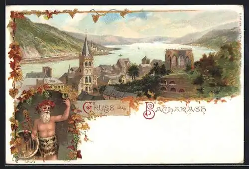 Lithographie Bacharach a. Rh., Teilansicht mit Blick auf den Rhein, Bacchus