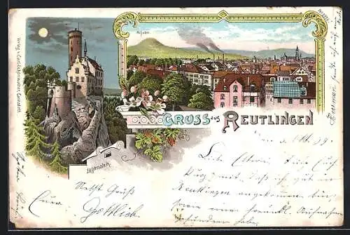 Lithographie Reutlingen, Gesamtansicht mit Achalm, Burg Lichtenstein