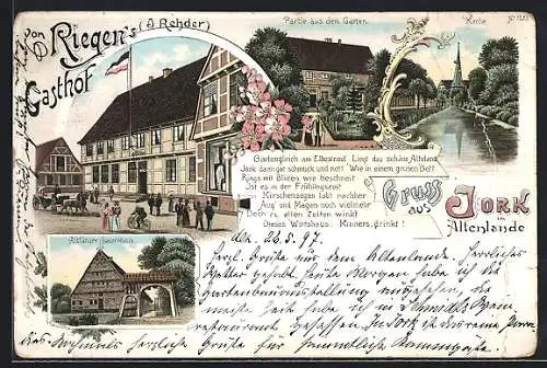 Lithographie Jork im Altenlande, Riegens Gasthof, Altländer Bauernhaus