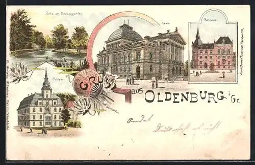 Lithographie Oldenburg / Oldenburg, Partie am Schlossgarten, Rathaus, Theater