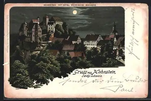 Lithographie Hohnstein /Sächs. Schweiz, Teilansicht mit Hotel Sächsische Schweiz bei Nacht