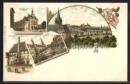 Lithographie Erfurt, Gesamtansicht, Rathhaus, Monumental-Brunnen, Der Anger