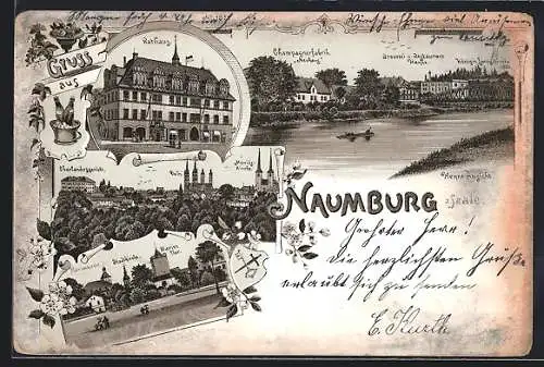 Lithographie Naumburg / Saale, Rathaus, Henne-Ansicht, Stadtkirche und Dom