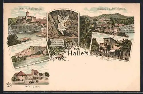 Lithographie Halle a / S., Reilsburg v. d. Bergschänke, Bad Wittekind, Burg Giebichenstein