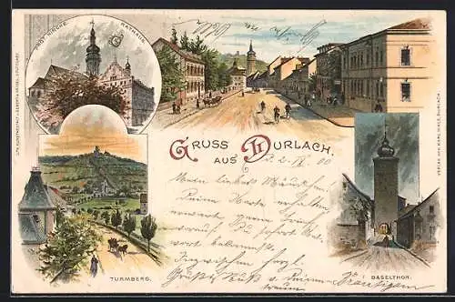 Lithographie Durlach, Strassenpartie mit Kirche, Baselthor, Rathaus