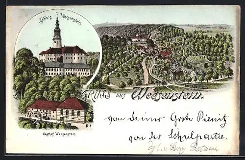 Lithographie Weesenstein, Schloss, Gasthof Weesenstein