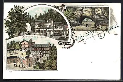 Lithographie Bad Schandau, Hotel und Restauration auf dem Grossen Winterberg, Kuhstall