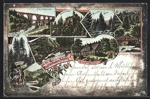 Lithographie Triebtal /Vogtl. Schweiz, Restaurant Huthaus, Ruine Liebau, Elsterthalbrücke, Loreleyfelsen