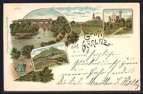 Lithographie Görlitz, Eisenbahn auf Viadukt, Restaurant Landeskrone