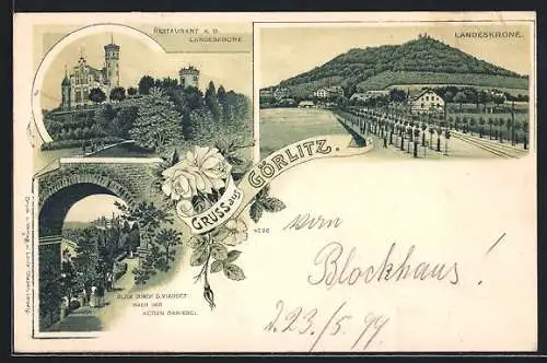 Lithographie Görlitz, Restaurant a. d. Landeskrone, Blick durch das Viadukt n. d. Aktien-Brauerei