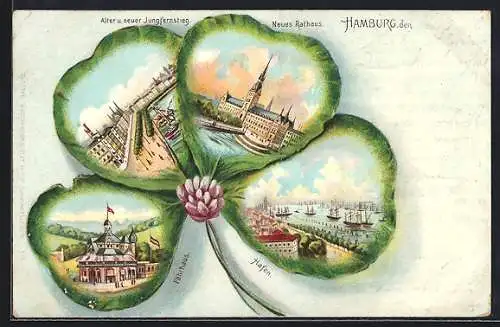 Passepartout-Lithographie Hamburg, Ansichten in Kleeblättern, Erweiterter Jungfernstieg, Rathaus, Fährhaus, Hafen