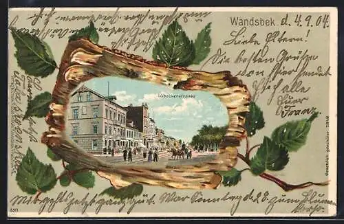 Passepartout-Lithographie Hamburg-Wandsbek, Passanten in der Lübeckerstrasse, Baumrinde mit Blättern