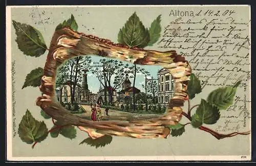 Passepartout-Lithographie Hamburg-Altona, Passanten am Siegesdenkmal, Birkenrinde mit Blättern