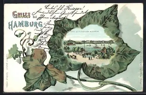 Passepartout-Lithographie Hamburg-St.Georg, Blick auf die Aussenalster mit Alsterlust