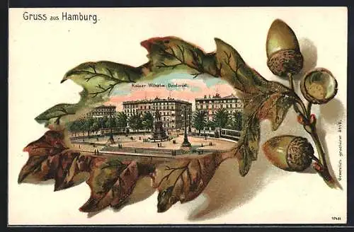 Passepartout-Lithographie Hamburg, Am Kaiser Wilhelm Denkmal, Eichenblatt