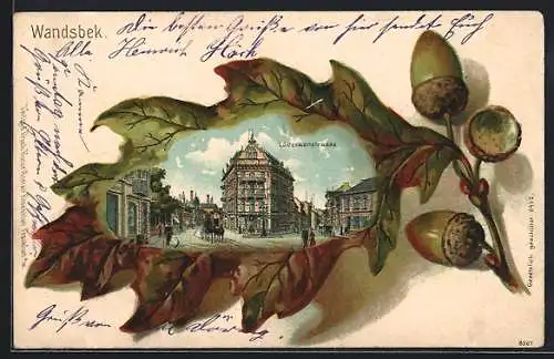 Passepartout-Lithographie Hamburg-Wandsbek, Lübeckerstasse mit Kutsche, Eichenblatt und Eicheln