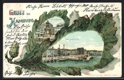 Passepartout-Lithographie Hamburg-Neustadt, Lessing-Denkmal und neuer Jungfernstieg gerahmt von Eichenblättern