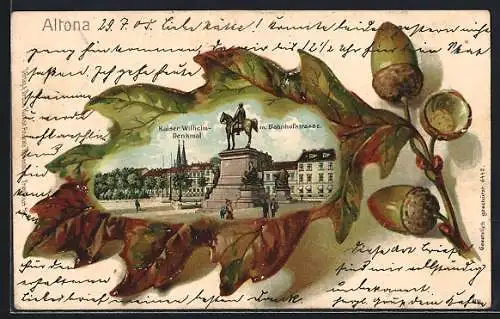 Passepartout-Lithographie Hamburg-Altona, Kaiser-Wilhelm-Denkmal m. Bahnhofstrasse, Eichenblatt