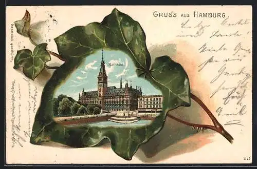 Passepartout-Lithographie Hamburg, Blick zum Rathaus, Eichenblatt