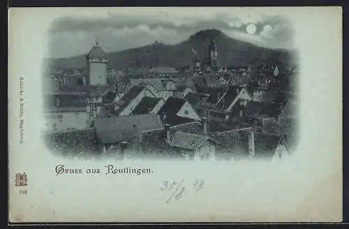 Mondschein-AK Reutlingen, Ortsansicht gegen die Berge