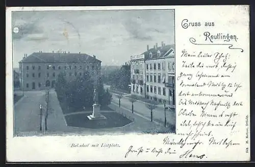 Mondschein-AK Reutlingen, Bahnhof mit Listplatz und Hotel Kronprinz